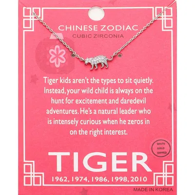 Fashnzfab Lunar 12 Zodiac White Gold Dipped Cz Tiger Pendant Necklace In Metallic