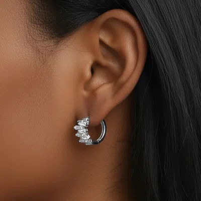 Fashnzfab White Gold Dipped Disorganized Baguette Cz Stone Cluster Mini Huggie Hoop Earrings In Silver
