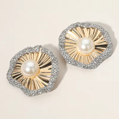 Fashnzfab Pearl Pointed Stone Paved Rim Flower Earrings In Gold