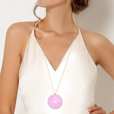 Fashnzfab Round Raffia Faceted Bead Trimmed Pendant Long Necklace In Pink