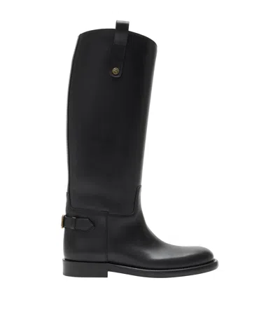Burberry Women Black Boots With Side Logo Plaque In Leather Woman In Black