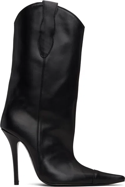 Pushbutton Pointed-toe Leather Boots In Black