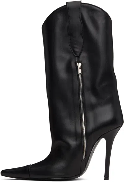 Pushbutton Pointed-toe Leather Boots In Black