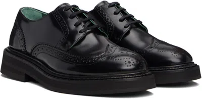 Vinny's Black Leather Brogue Officer Derbys In Black