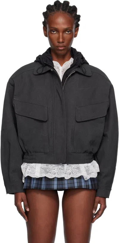 Pushbutton Black Hooded Jacket In Gray