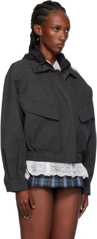 Pushbutton Black Hooded Jacket In Gray