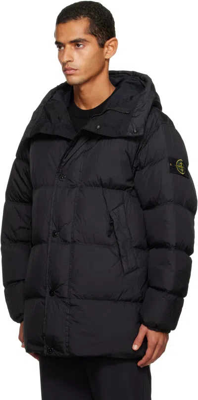 Stone Island Quilted Short Parka With Hood And Button Closures In Black