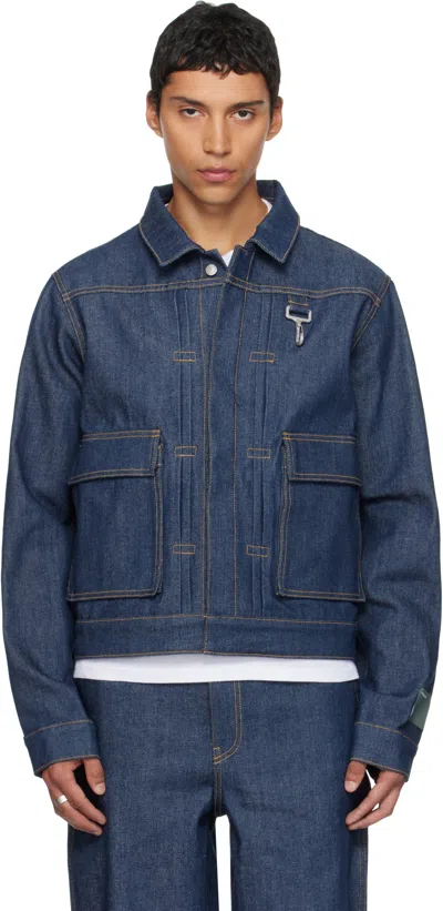 Reese Cooper Navy Concealed Button Denim Trucker Jacket In Blue