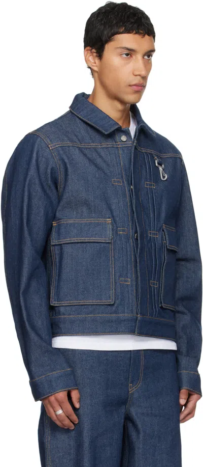 Reese Cooper Navy Concealed Button Denim Trucker Jacket In Blue