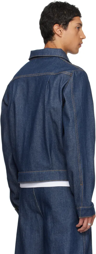 Reese Cooper Navy Concealed Button Denim Trucker Jacket In Blue