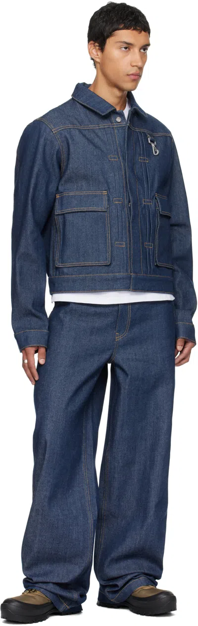 Reese Cooper Navy Concealed Button Denim Trucker Jacket In Blue