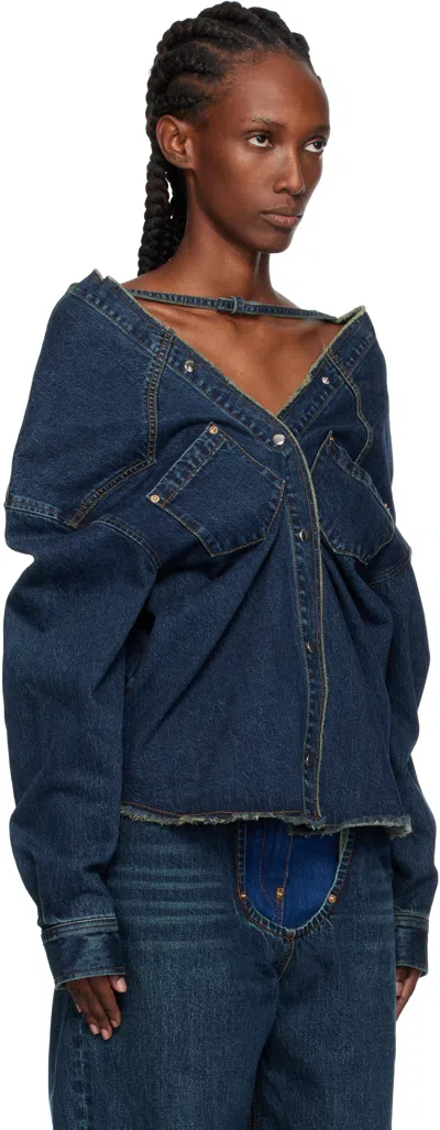 Pushbutton Navy Strap Point Denim Top In Blue