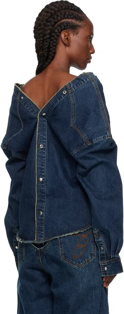 Pushbutton Navy Strap Point Denim Top In Blue