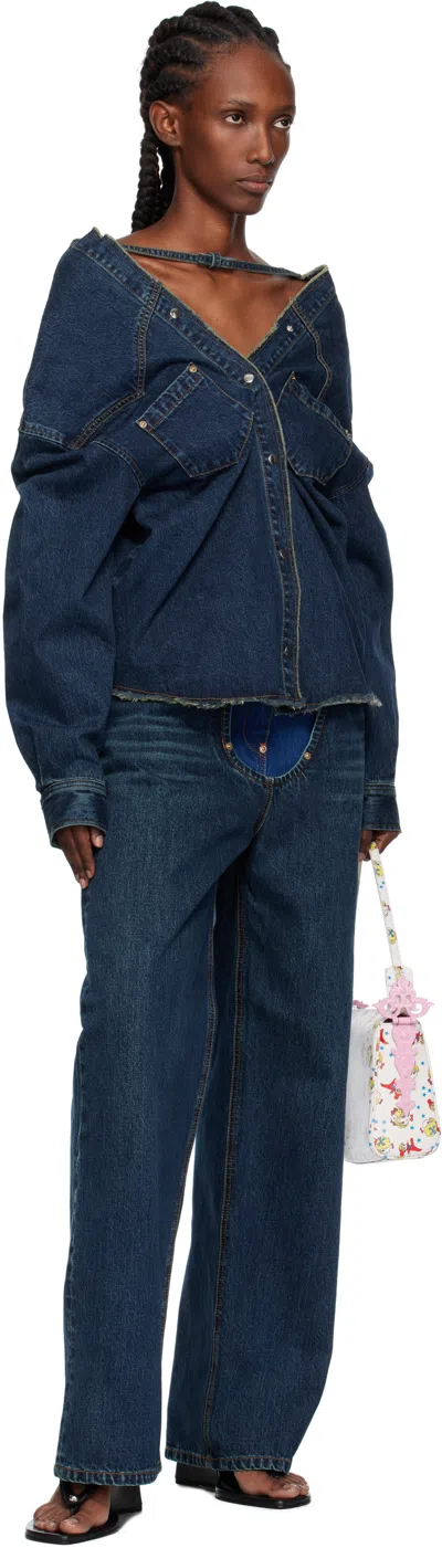 Pushbutton Navy Strap Point Denim Top In Blue