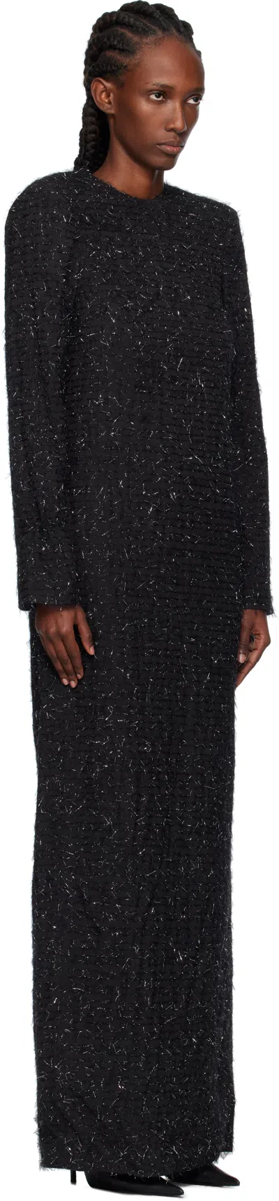 Pushbutton Black Metallic Thread Maxi Dress In Black