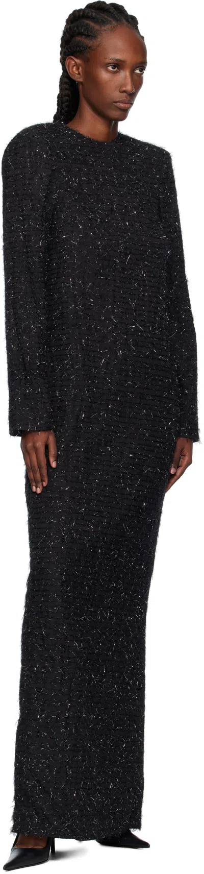 Pushbutton Black Metallic Thread Maxi Dress In Black