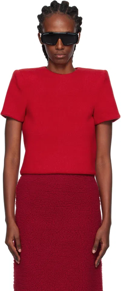 Pushbutton Red Curvy Shoulder Knitted T-shirt In Red