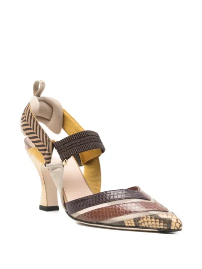 Fendi High-heeled Mesh And Multicolor Ayers Leather Slingbacks In Brown