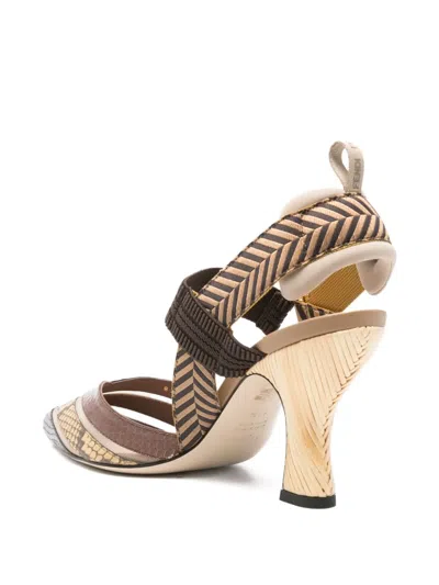 Fendi High-heeled Mesh And Multicolor Ayers Leather Slingbacks In Brown
