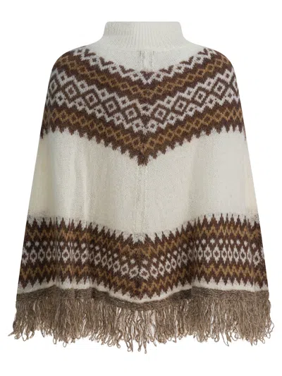 Rakkì Geometric Knit Poncho Fringe Hem In White