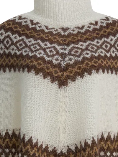 Rakkì Geometric Knit Poncho Fringe Hem In White