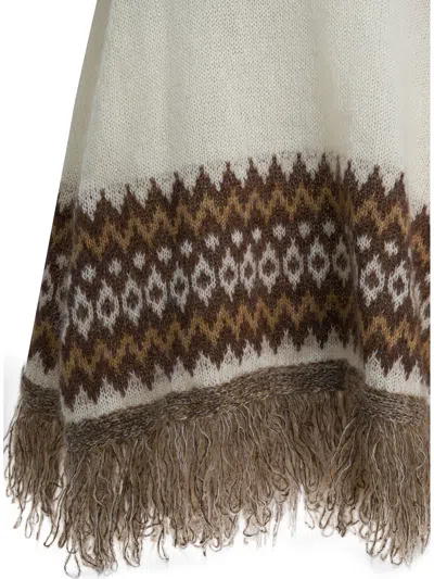 Rakkì Geometric Knit Poncho Fringe Hem In White