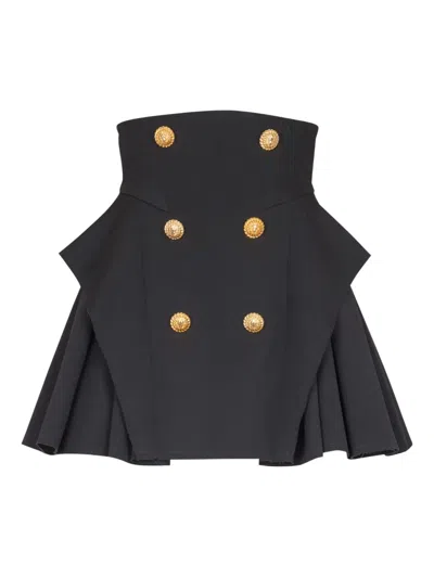 Balmain Button-embellished Pleated Grain De Poudre Wool Mini Skirt In Black