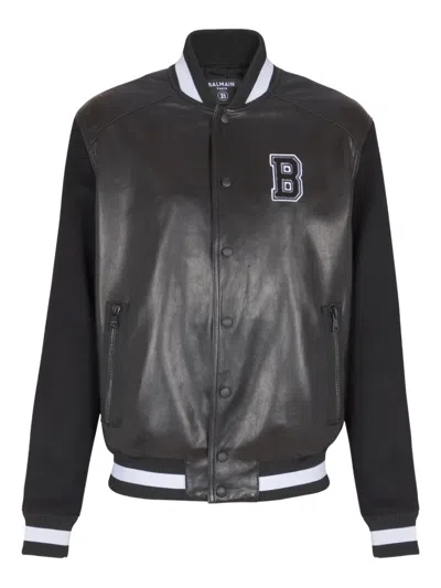 Balmain Varsity Bomber Jacket With Leather And Wool In Black