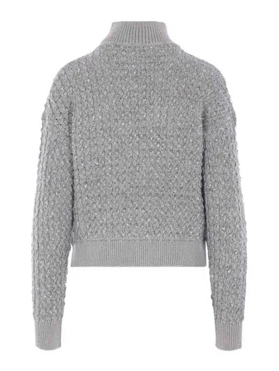 Elisabetta Franchi Cable Knit Tricot Sweater With Sequined Inserts And High Neck In Gray