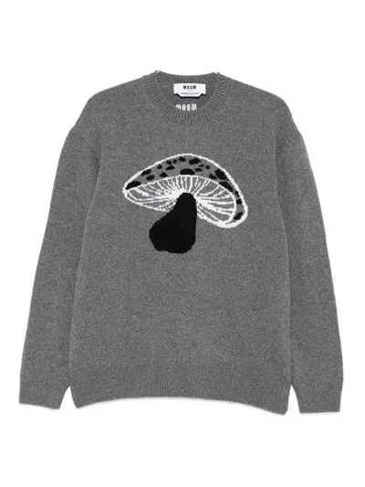 Msgm Mushroom-intarsia Wool Blend Pullover Clothing In Gray