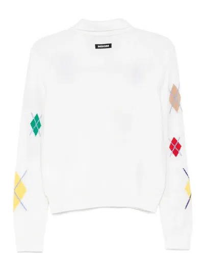 Msgm Cropped White Sweater With Colorful Argyle Patterns And Classic Collar In White