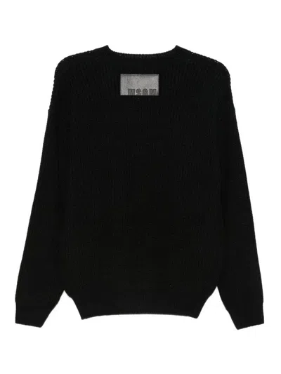 Msgm Knitted Sweater With Turquoise Stripe Hem Detail In Black