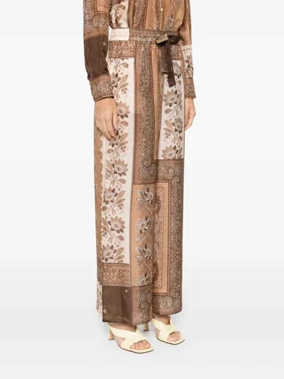 Zimmermann Lucky Silk Wide Leg Pants In Brown