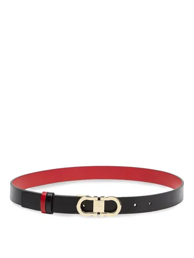 Ferragamo Reversible Leather Belt With Gold-tone Double Gancini Buckle In Black