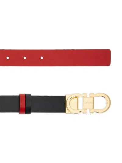 Ferragamo Reversible Leather Belt With Gold-tone Double Gancini Buckle In Black