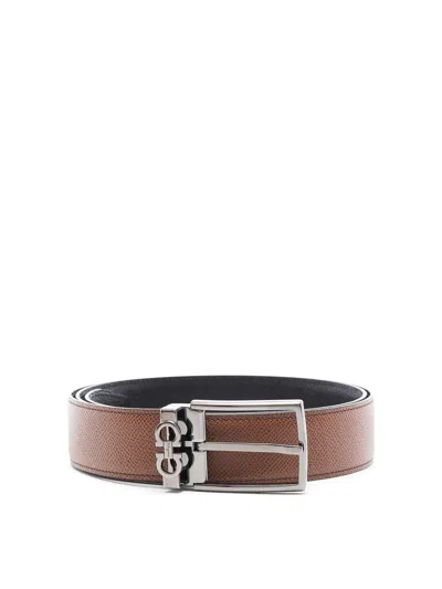 Ferragamo Stamped Leather Reversible Gancini Belt In Brown
