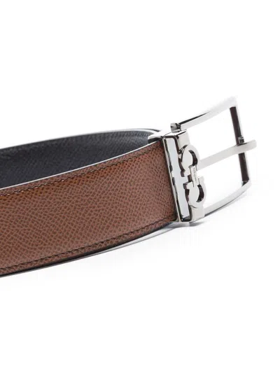 Ferragamo Stamped Leather Reversible Gancini Belt In Brown