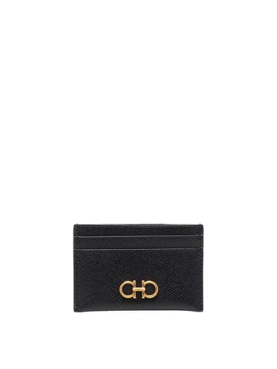 Ferragamo Black Card-holder With Gancini Detail In Hammered Leather Woman