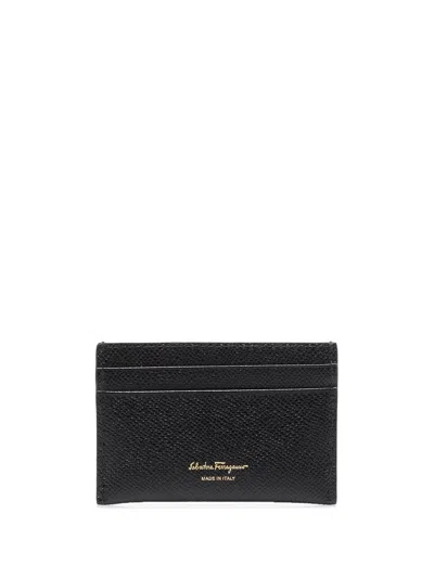 Ferragamo Black Card-holder With Gancini Detail In Hammered Leather Woman