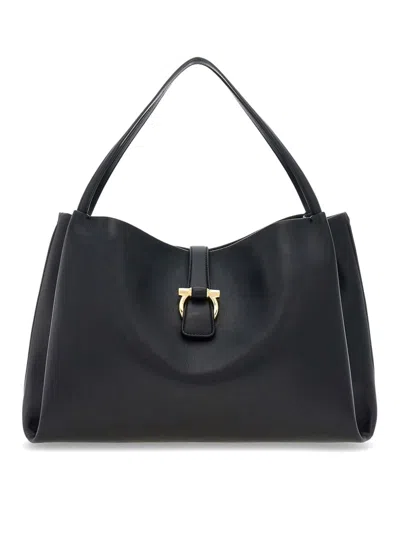 Ferragamo Buckle Double Handles Shoulder Bag In Black