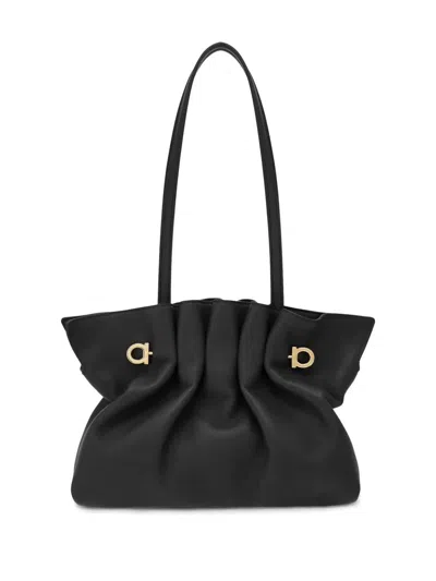 Ferragamo Black Crossbody Bag With Embossed Logo Lettering On The Front And Gancini In Leather Woman In Black