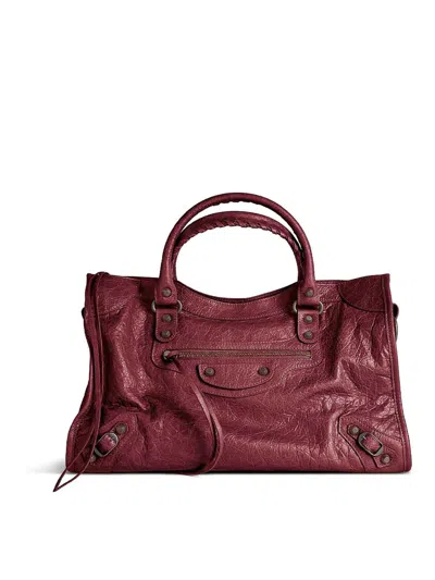 Balenciaga Le City Medium Crinkled Leather Top-handle Bag In Burgundy