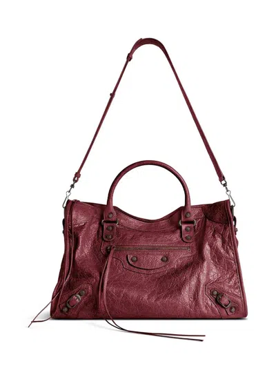Balenciaga Le City Medium Crinkled Leather Top-handle Bag In Burgundy