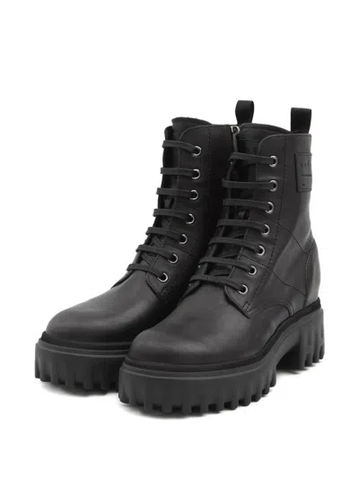 Hogan H700 Chunky Biker Boots In Leather In Black