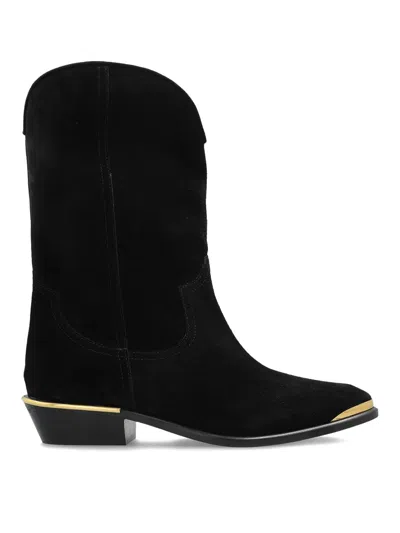 Isabel Marant Block Heel Suede Boot With Gold Trim In Black