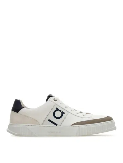 Ferragamo Alaska Leather And Suede Sneaker With Gancini Detail In White