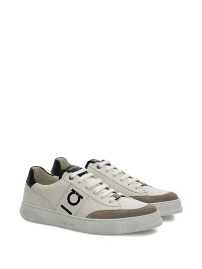 Ferragamo Alaska Leather And Suede Sneaker With Gancini Detail In White