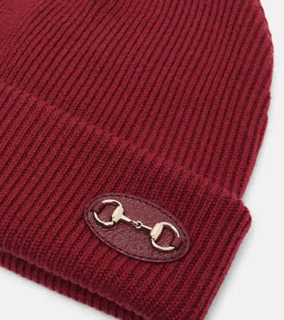 Gucci Women Bordeaux Beanie With Leather Patch With Horsebit Plaque In Wool Woman In Burgundy