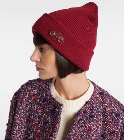 Gucci Women Bordeaux Beanie With Leather Patch With Horsebit Plaque In Wool Woman In Burgundy
