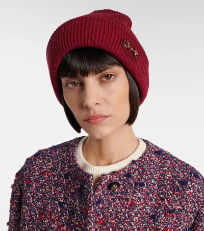 Gucci Women Bordeaux Beanie With Leather Patch With Horsebit Plaque In Wool Woman In Burgundy